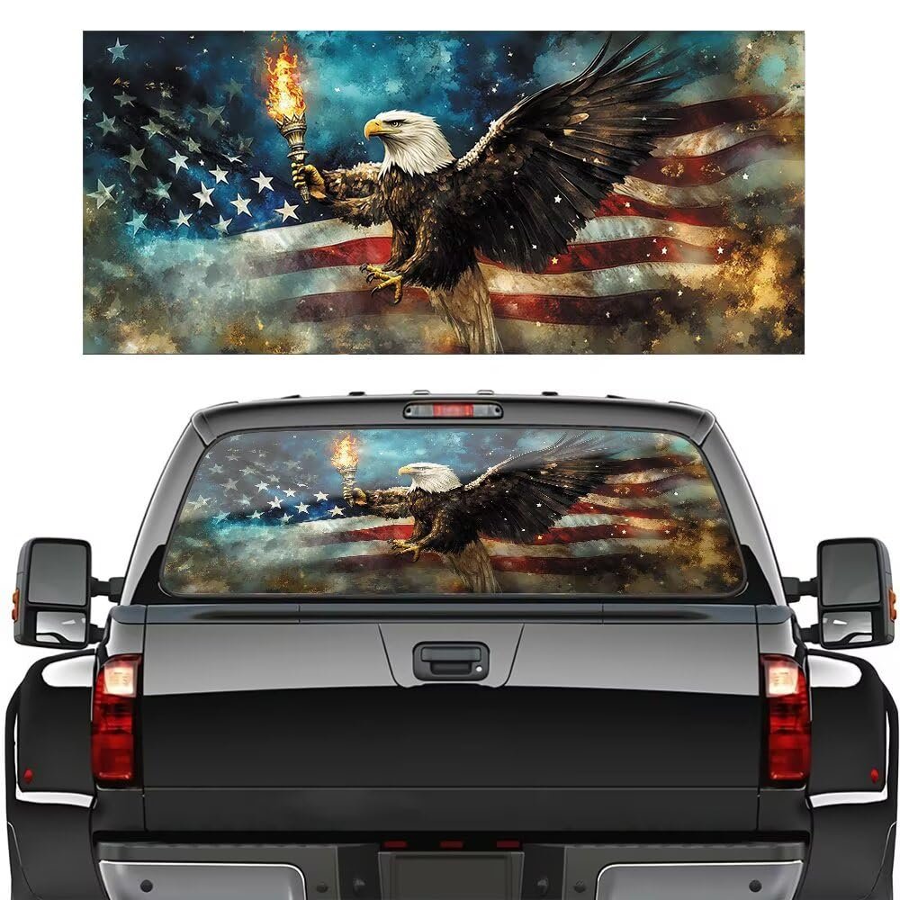Eagle Holding Torch Truck Rear Window Decal Patriotic Back Graphic Perforated Vinyl Sticker for Truck Car SUV Van, American Flag in the Flames of War Auto Decoration Trucks Rear Window Film Decal, L