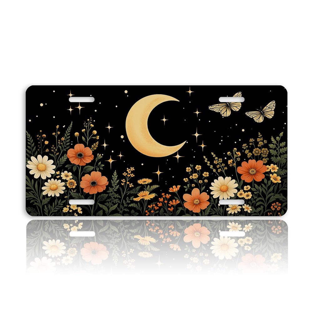 Moon Butterfly Front License Plate for Women Wildflowers Night Flowers Stars Car Vanity Plates Decorative Aluminum Metal Cute Novelty License Plate 6x12 Inch (4 Holes)