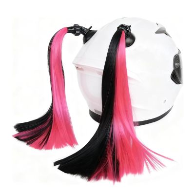 sdidzad 2 PCS Motorcycle Helmet Pigtails Hair, Fashionable Helmet Hair Decoration with Detachable Suction Cup, Personalized Smooth Helmet Black & Pink Ponytail (Helmet not Included)