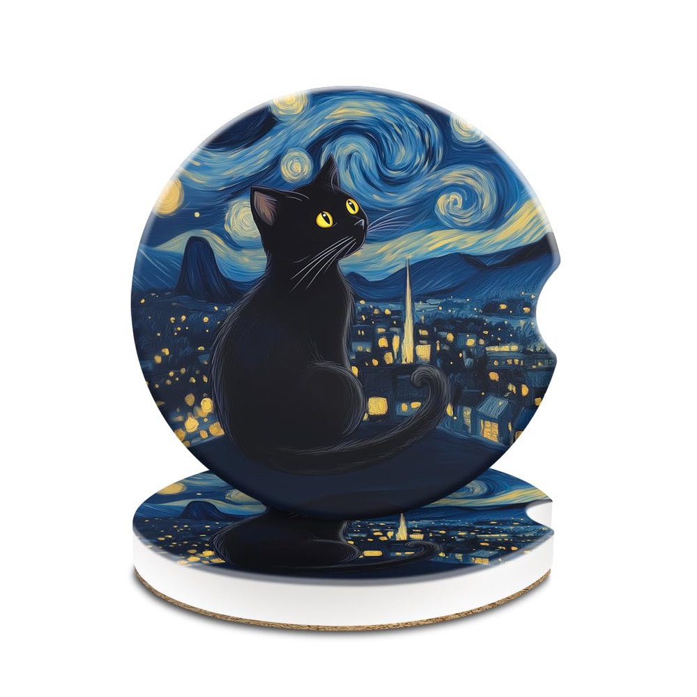 Ceramic Car CoastersAbsorbent Car Cup Holder Coaster Set for Aesthetic Car Interior,Retro Neutral Car Accessories, 2 Pack Night Black Cat