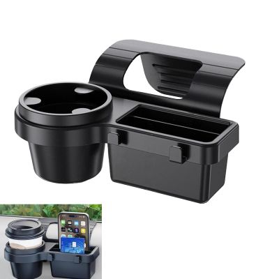 YAWUROU Car Window Storage Organizer, Vehicle Door Side Hanging Storage Box with Cup Holder & Phone Mount, Clip-on Car Door Edge Storage Box for Cell Phone, Wallet, Keys, Sunglasses (Style 2)