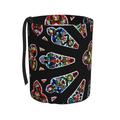 Cvzelas Stained Glass Gothic Cathedral 600d Oxford Car Trash Can, Portable Vehicle Trash Container for Car, SUV, Truck Durable, Black Bottom Design