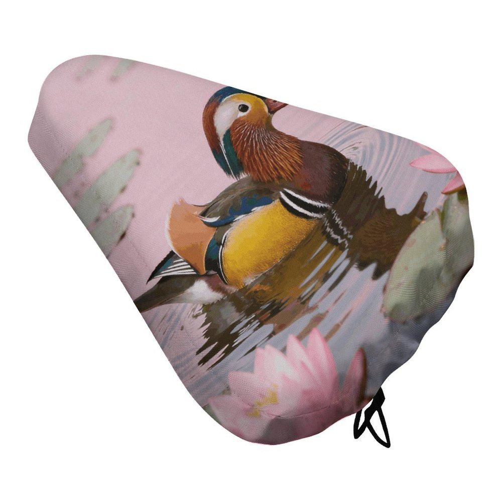 Bike Seat Cover Soft Comfort Bike Seat Cushion for Women Men Mandarin Duck in Lotus Waterproof Bicycle Seats Cushion Protective with Drawstring, Fit for City Road/Mountain