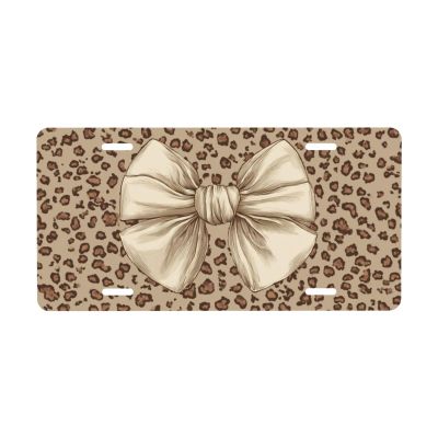 Chic Leopard Print Cream Bow License Plate Decorative Car Front,Metal Car Plate,Vanity Tag,Aluminum Noverlty License Plate Waterproof Colorfast 612 Inch