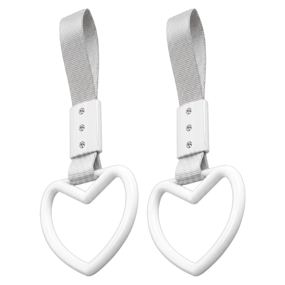 JRYEM 2PCS Heart Shaped Car Handle Straps, Rear Bumper Warning Keychain Ring for Car Exterior Accessories (White-Silver)