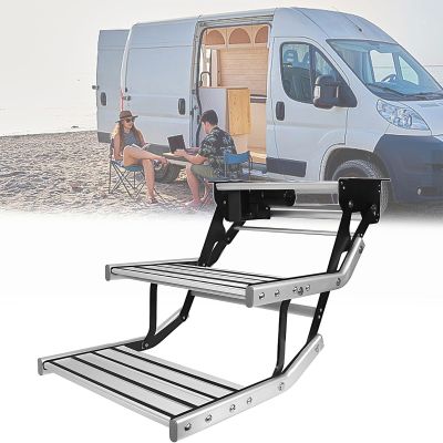 Folding RV Step Assembly with LED Light Bar & Non-Slip Pedal 400 LBS Capacity Electric Retractable Rv Steps for Motorhomes Camper Caravans Travel Trailer(12V,Double)