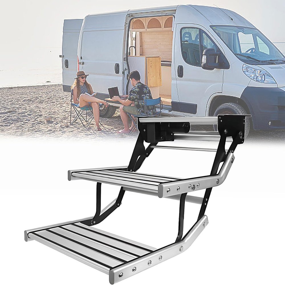 Folding RV Step Assembly with LED Light Bar & Non-Slip Pedal 400 LBS Capacity Electric Retractable Rv Steps for Motorhomes Camper Caravans Travel Trailer(12V,Double)
