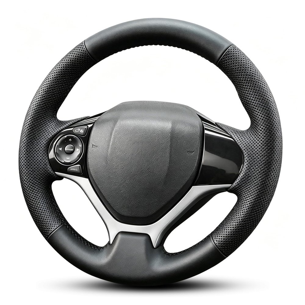 Hand Stitch Steering Wheel Cover | Heavy Duty Customized Fit for Honda Civic 9 Civic 2012 2013 2014 2015 Anti-Slip Perforated Leather Black