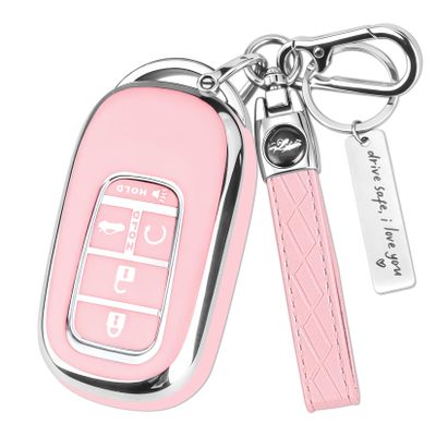 HEKBRYN for Honda Key Fob CoverKey Cover Fit for 2022-2026 Accord Civic CR-V HR-V Pilot Passport Ridgeline, 5 Button TPU Protector Key Fob Case with Keychain Accessories (Silver-Pink)