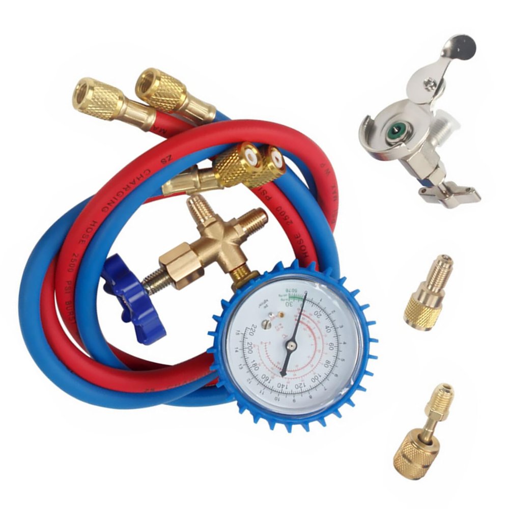 FUNOMOCYA Automotive Manifold Gauge Set with Silicone Hoses Ac Refrigeration Charging and Pressure Testing Tool Kit for Air Conditioning Repair and Cooling System Maintenance