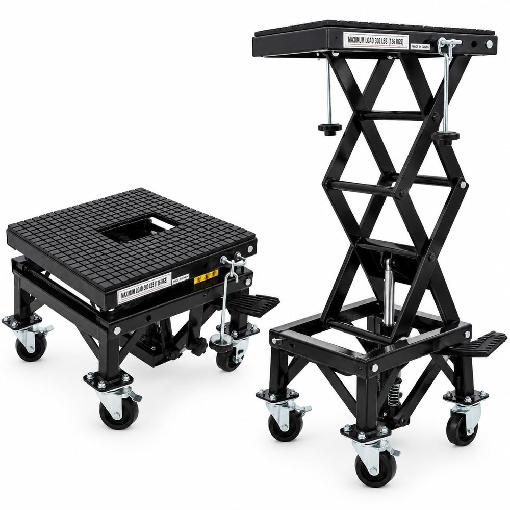 300 lbs Hydraulic Motorcycle Scissor Jack Lift Foot Step Lever & 4 Wheels, Adjustable Height 13.5"-36.2" Heavy-Duty Hydraulic Lift Table for Dirt Bikes, Snowmobiles, and Motorcycles (Black)
