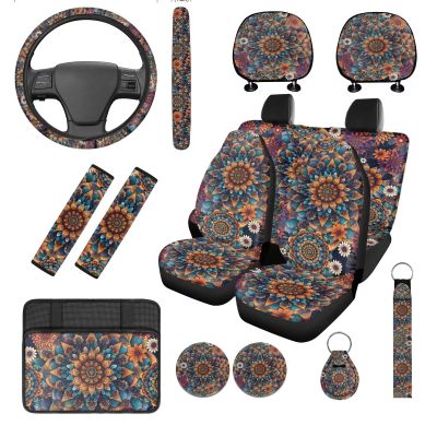 Hudotybom 14 Pcs Orange Mandala Car Seat Covers Set with Auto Steering Wheel Cover Boho Seat Belt Covers Cup Holder Center Console Pads with Keychain Universal Fit Orange Car Interior Accessories
