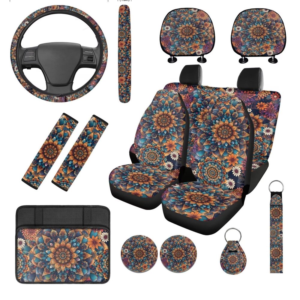 Hudotybom 14 Pcs Orange Mandala Car Seat Covers Set with Auto Steering Wheel Cover Boho Seat Belt Covers Cup Holder Center Console Pads with Keychain Universal Fit Orange Car Interior Accessories