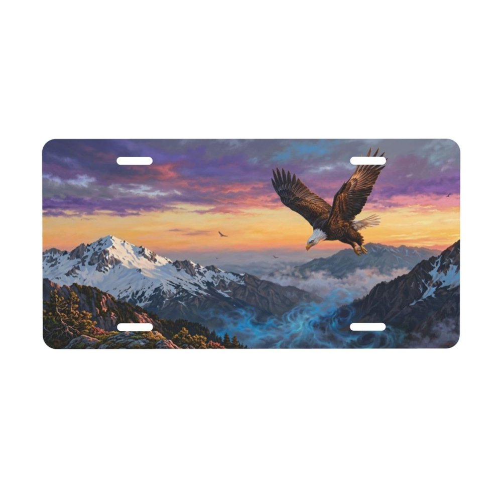 Flying Eagle Mountains License Plate - 6x12 Aluminum Tag - Purple Sunset Snow Peak Gift