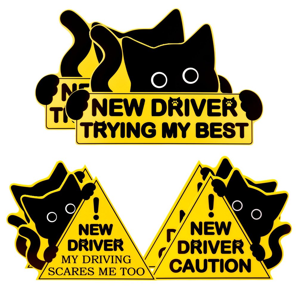 Reflective Black Cat Student Driver Magnet for Car, 6 Pack Strong Magnetic New Driver Signs, Removable Please Be Patient Rookie Bumper Stickers, Highly Visible Day & Night for Teens, Beginners (A)