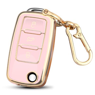 FT FUNTOR for VW Key Fob Cover TPU,Key Fob Case Shell Protector keychain,for Beetle Golf Passat GTI Jetta Tiguan accessories (Gold Edge Pink)