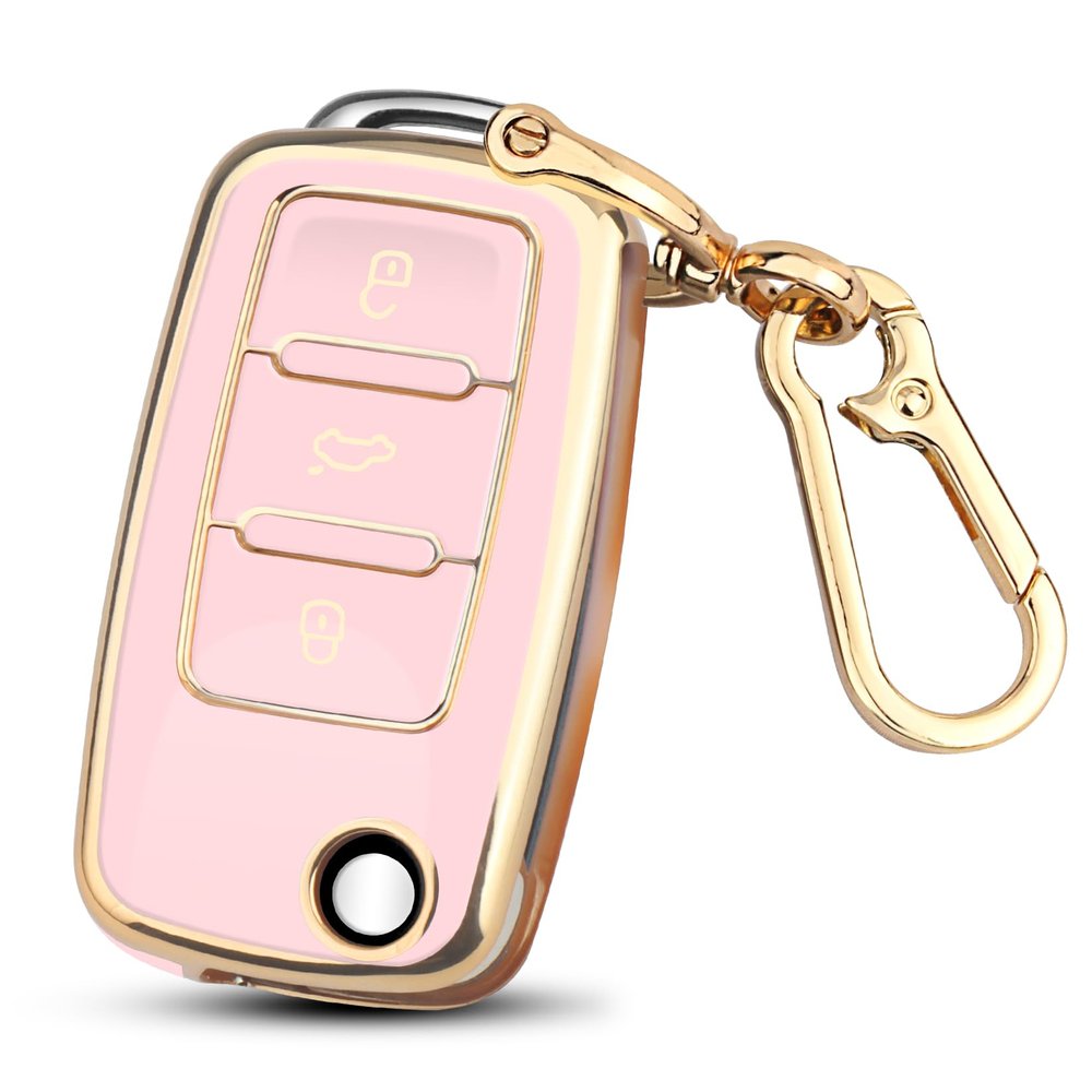 FT FUNTOR for VW Key Fob Cover TPU,Key Fob Case Shell Protector keychain,for Beetle Golf Passat GTI Jetta Tiguan accessories (Gold Edge Pink)