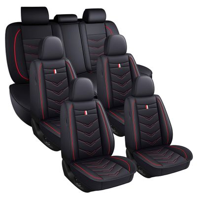JARMAY Leather Car Seat Covers 7 Seats for Ford Explorer 2000-2026, Stain-Resistant & Waterproof, Durable Car Seat Protectors.(7 Seats Full Set,Black Red)
