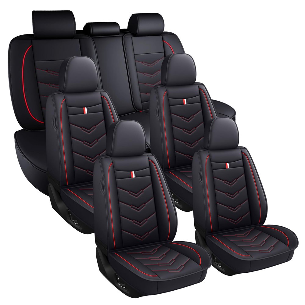 JARMAY Leather Car Seat Covers 7 Seats for Ford Explorer 2000-2026, Stain-Resistant & Waterproof, Durable Car Seat Protectors.(7 Seats Full Set,Black Red)