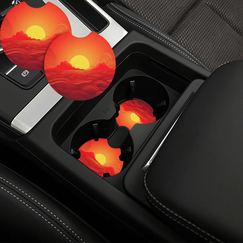 2 Pack Car Cup Holder Coasters, 2.7 Inch Anti Slip Rubber Car Cup Mat with Finger Notch, Decorative Drink Pads for Women Men, Red Sunrise Car Coasters Interior Accessories