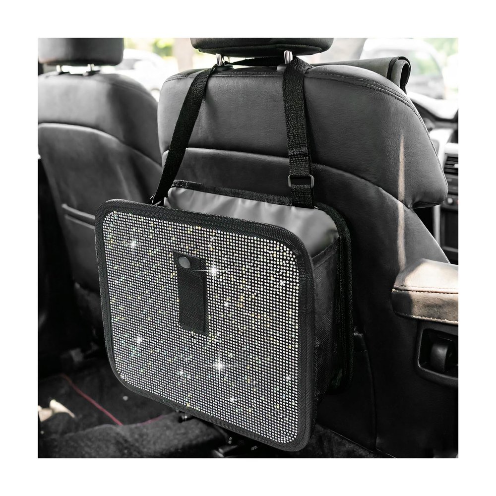 Xiqaler Bling Car Trash Can with Rhinestone, Sparkling Foldable Auto Garbage Container Hanging Back Seat Organizer, Crystal Dustbin Leakproof Garbage Can for Vehicle Home Office (Colorful)