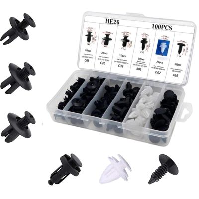 TTCHANG HE26 100Pcs Universal Expansion Screw Clips Set for Car Accessories Push Retainer Clips for Mudguards, Leaf Plates, Door Panels, Bumper & Trim Includes C05, C20, C32, B01, D02, A16