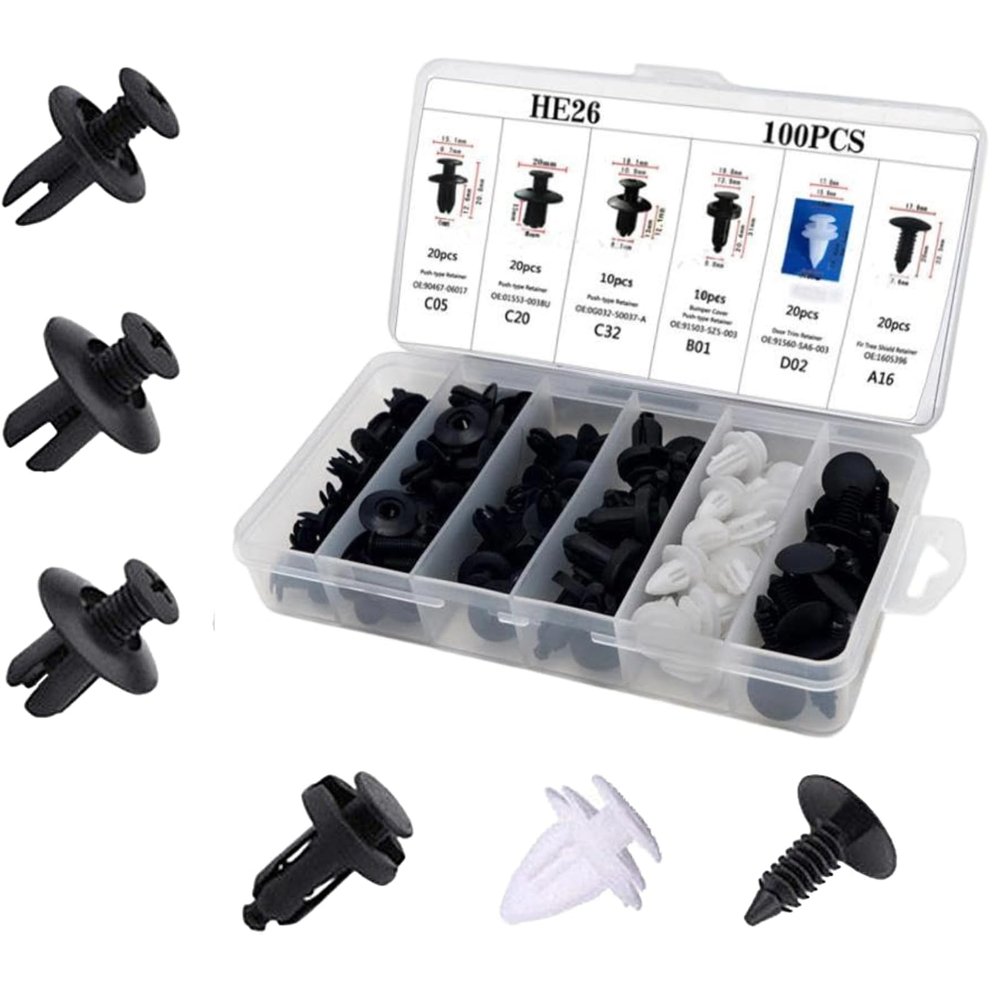 TTCHANG HE26 100Pcs Universal Expansion Screw Clips Set for Car Accessories Push Retainer Clips for Mudguards, Leaf Plates, Door Panels, Bumper & Trim Includes C05, C20, C32, B01, D02, A16