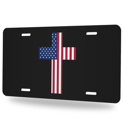 Cross License Plate American Flag Cross Minimal Aluminum Metal Decor Accessory Novelty Vanity Tag Cover with 4 Holes 126 Inch Car Decor Accessory with 4 Holes for Men Women
