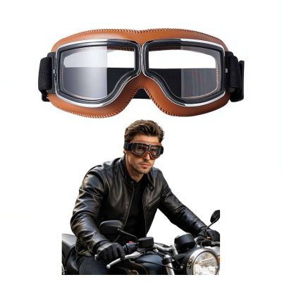 Vintage Motorcycle Goggles, Retro Leather Biker Eyewear, Cruiser Scooter Motocross Goggles for Men, Women, Adults (Clear)