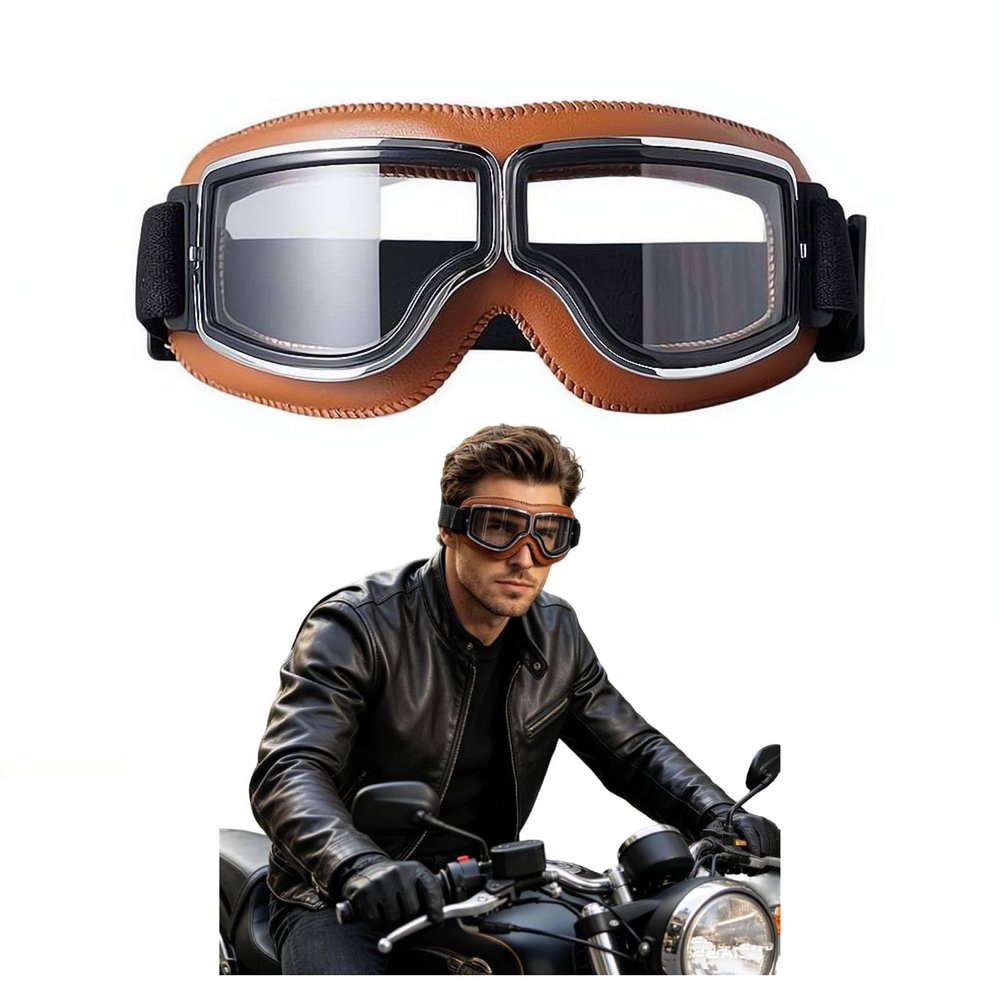 Vintage Motorcycle Goggles, Retro Leather Biker Eyewear, Cruiser Scooter Motocross Goggles for Men, Women, Adults (Clear)