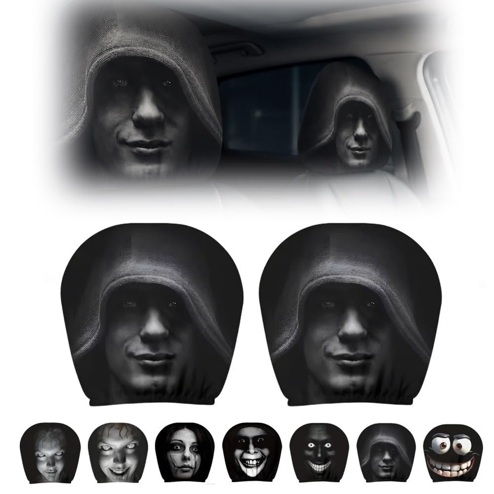 Oeoceden Ghost Face Headrest Covers Scary for Cars Funny Cartoon Cover Halloween Creative Smiling Car Devil Eye Faces Seat Spooky Polyester Design Stretchable Fabric Horrible Set Big Grinning(2PC#F)