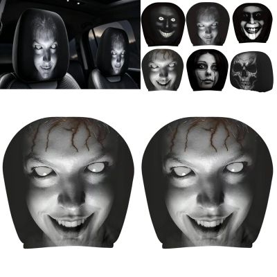 Nosecado Halloween Car Headrest Covers Ghost Face 2 Pack, Cartoon Stretchy Seat Headrest Protector Soft Polyester Fabric with Funny Print for Auto Interior Decoration