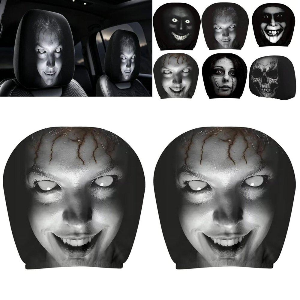 Nosecado Halloween Car Headrest Covers Ghost Face 2 Pack, Cartoon Stretchy Seat Headrest Protector Soft Polyester Fabric with Funny Print for Auto Interior Decoration