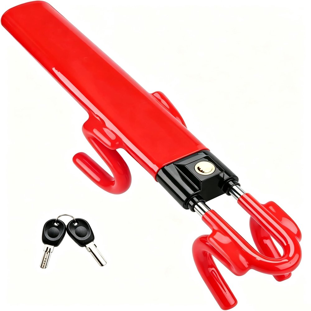 Steering Wheel Lock Twin Bar, for BMW i3 i3 101, Car Steering Wheel Locks, Car Lock Anti-Theft Device Heavy Duty, Universal Fit, 2 Keys,B-Red