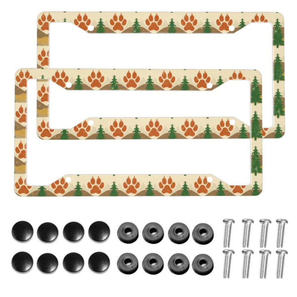 Muishi2pcs Dog Paws Pine Tree Silhouettes License Plate Frame Aluminum License Plate Holder Funny License Plate Decorative with Screws Size 12.3" X 6.3" Men Women