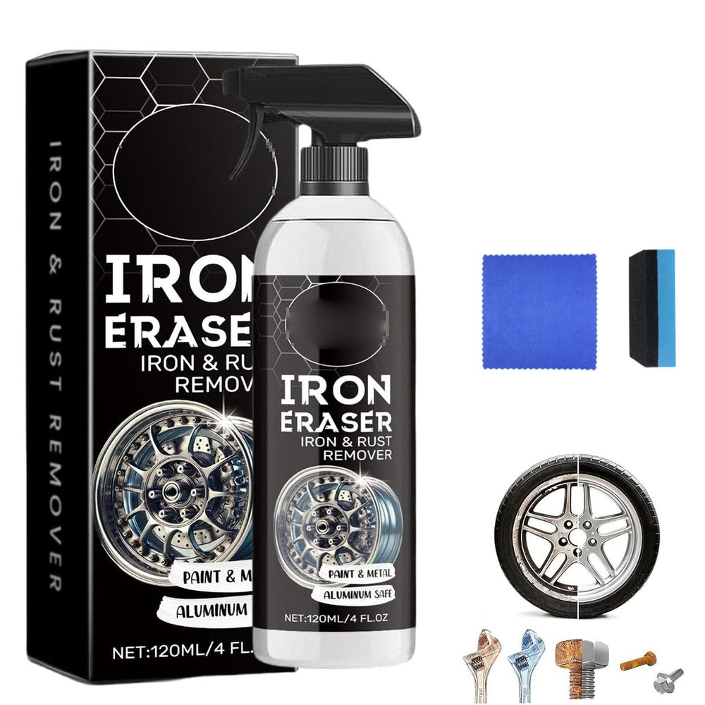 Iron Eraser Rust Remover Spray, Iron Powder Remover Spray, for Car Wheels and Paint, Fast Acting Rust and Brake Dust Removers, for Tools & Hardware, Professional Automotive Surface Cleaning (1PC)