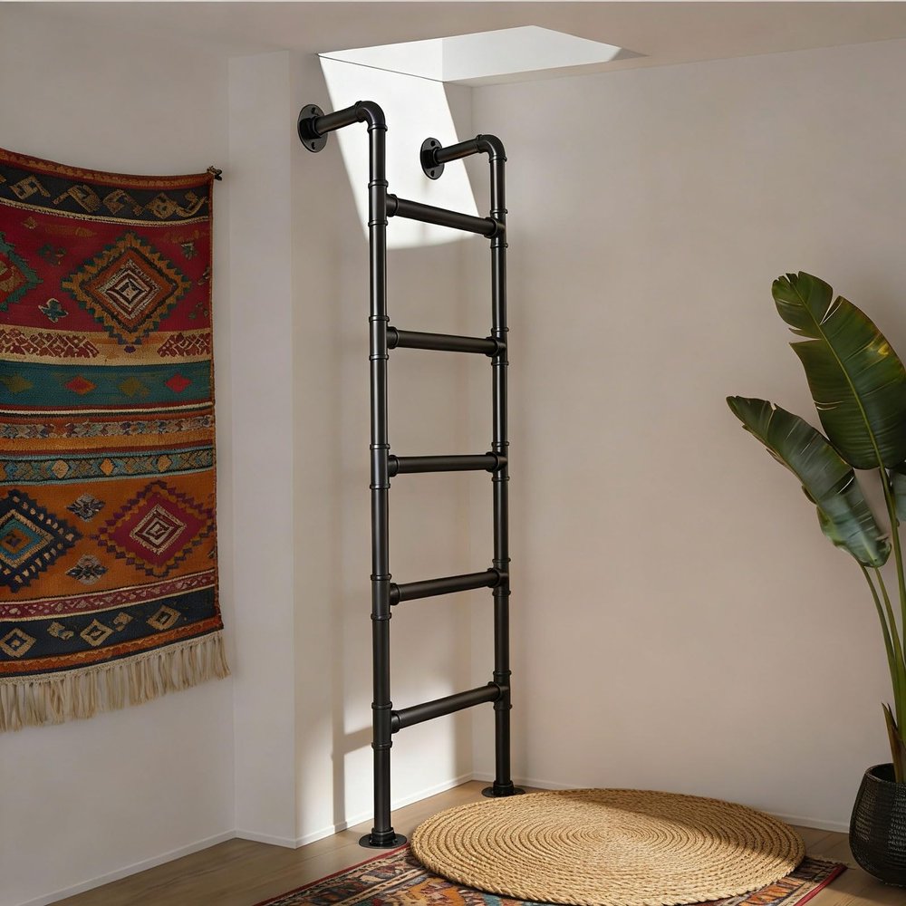 Wall Mounted Attic Loft Ladder - Metal Egress Ladder for Basement Window Well, Black Wrought Iron Climbing Stairs, Ideal for Home, Dorms & Attics (83in/210cm)