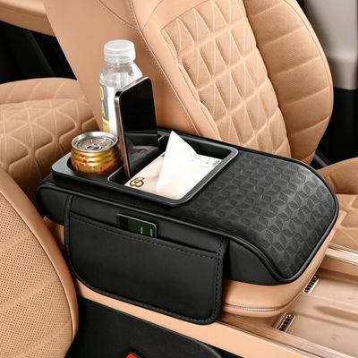 GPPYMX Car Center Console Cover with Storage Bags, 5-in-1 Armrest Cover with Cup Holder, Tissue Box, Phone Slot, Waterproof Armrest Cushion for Car (Black)