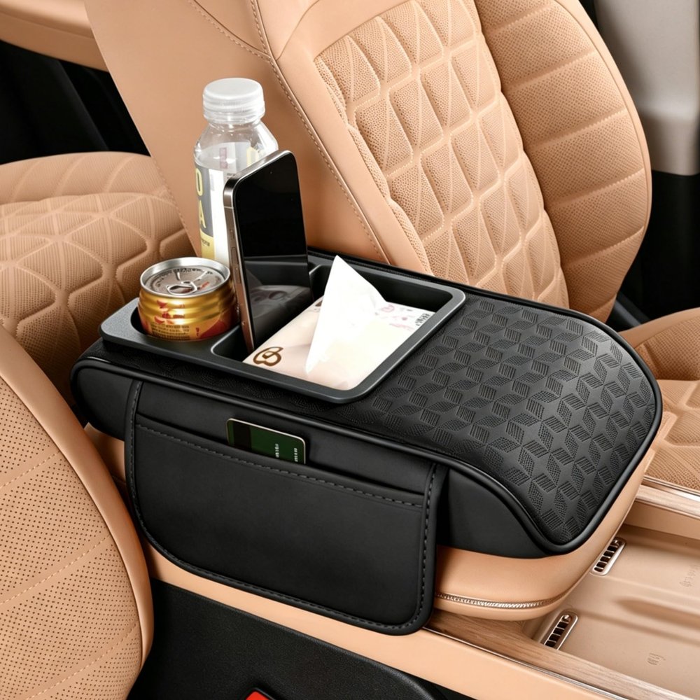 GPPYMX Car Center Console Cover with Storage Bags, 5-in-1 Armrest Cover with Cup Holder, Tissue Box, Phone Slot, Waterproof Armrest Cushion for Car (Black)