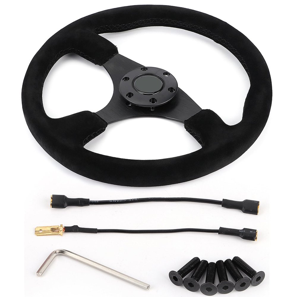 Vistreck 14in Racing Steering Wheel - Black Suede with Stitching, 6-Bolt Compatible & Horn Button Included