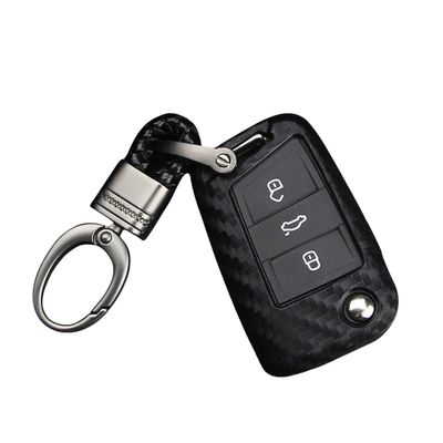 M.JVisun Soft Silicone Rubber Carbon Fiber Texture Case Key Fob Cover For Volkswagen Atlas e-Golf Golf Jetta Lamando Polo For Tiguan For Touran L Flip Car Remote Key - Black - Weave Keychain