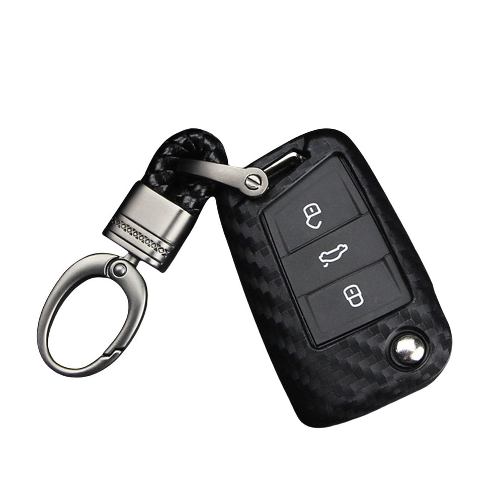 M.JVisun Soft Silicone Rubber Carbon Fiber Texture Case Key Fob Cover For Volkswagen Atlas e-Golf Golf Jetta Lamando Polo For Tiguan For Touran L Flip Car Remote Key - Black - Weave Keychain