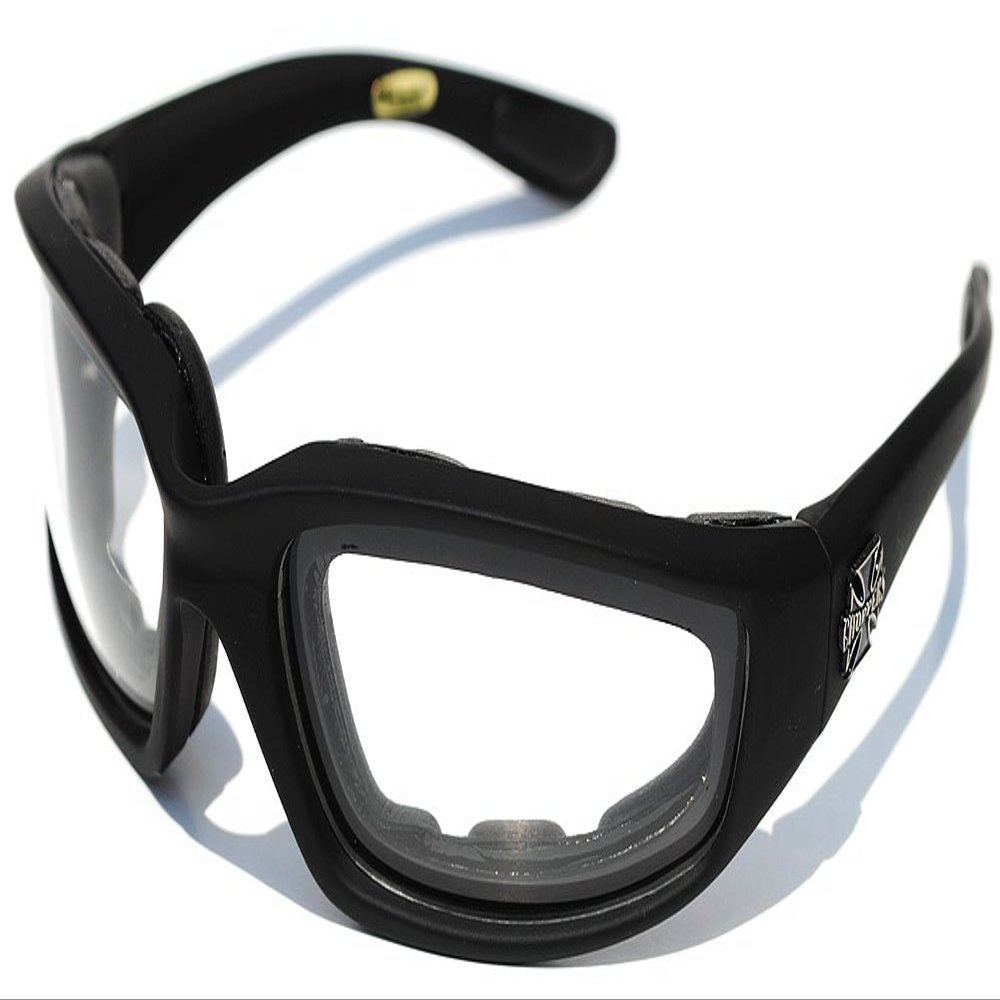 Choppers Mens Biker Padded Motorcycle Goggles Glasses - Several Lens Colors Available! (Black - Clear Lens), 5.5w x 1.625h