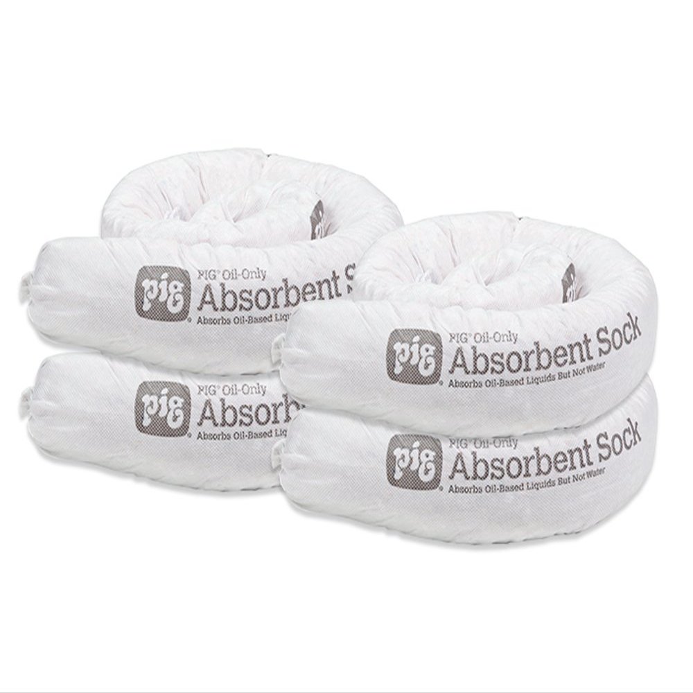 PIG Oil Absorbent Sock - Oil-Only Absorbent Sock - 4 Pack - 3" x 48" Sock - Absorbs up to 1 Gallon per Sock - PM50055