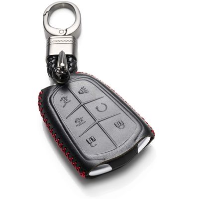 Vitodeco Genuine Leather Smart Key Fob Case Cover Compatible for Cadillac XT4, Cadillac XT5, Cadillac XT6 (2019 - 2026 Models) with Key Chain Clip - 6 Buttons, Black/Red