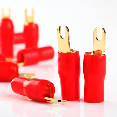 1 Pack 10 PCS Red 4 Gauge AWG Gold Barrier Fork Spades Car Stereo AMP Terminals