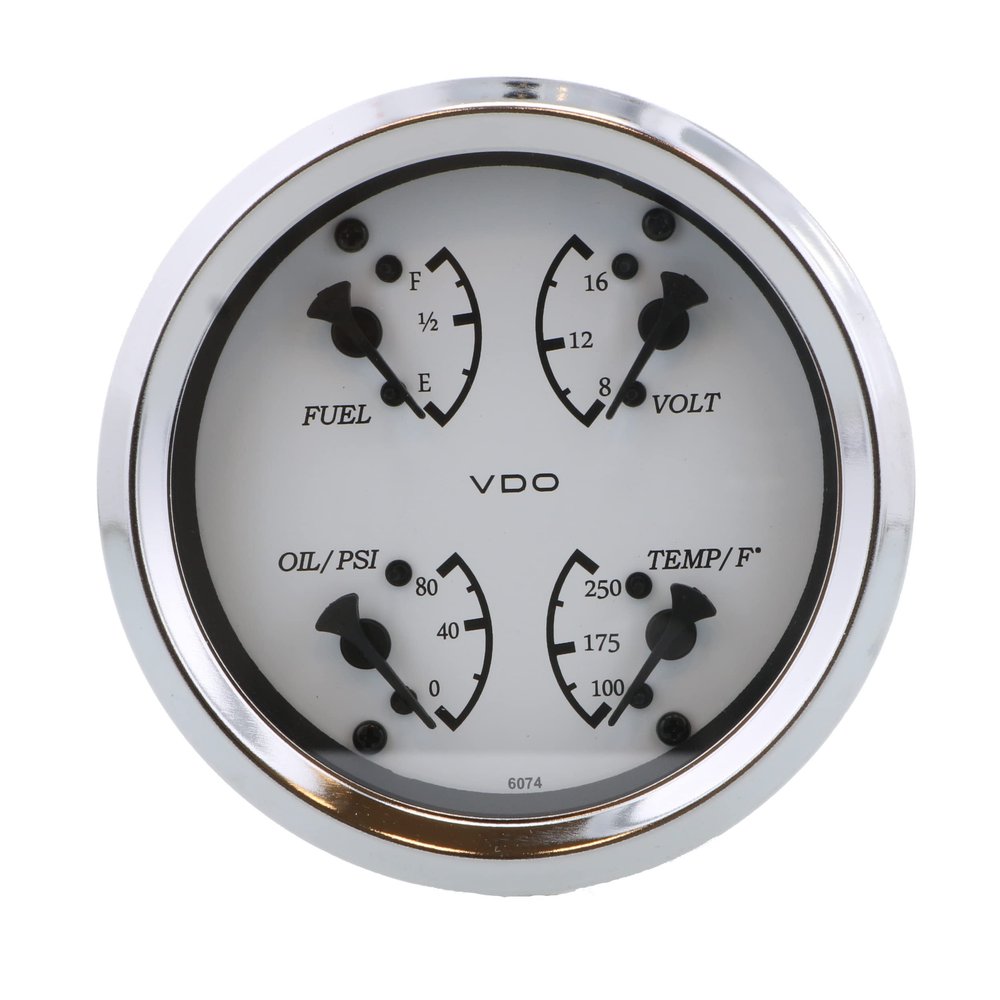VDO 110-15800 Cockpit Marine 4 in 1 Gauge with Oil Pressure, Water Temperature, Fuel Level and Voltmeter - White