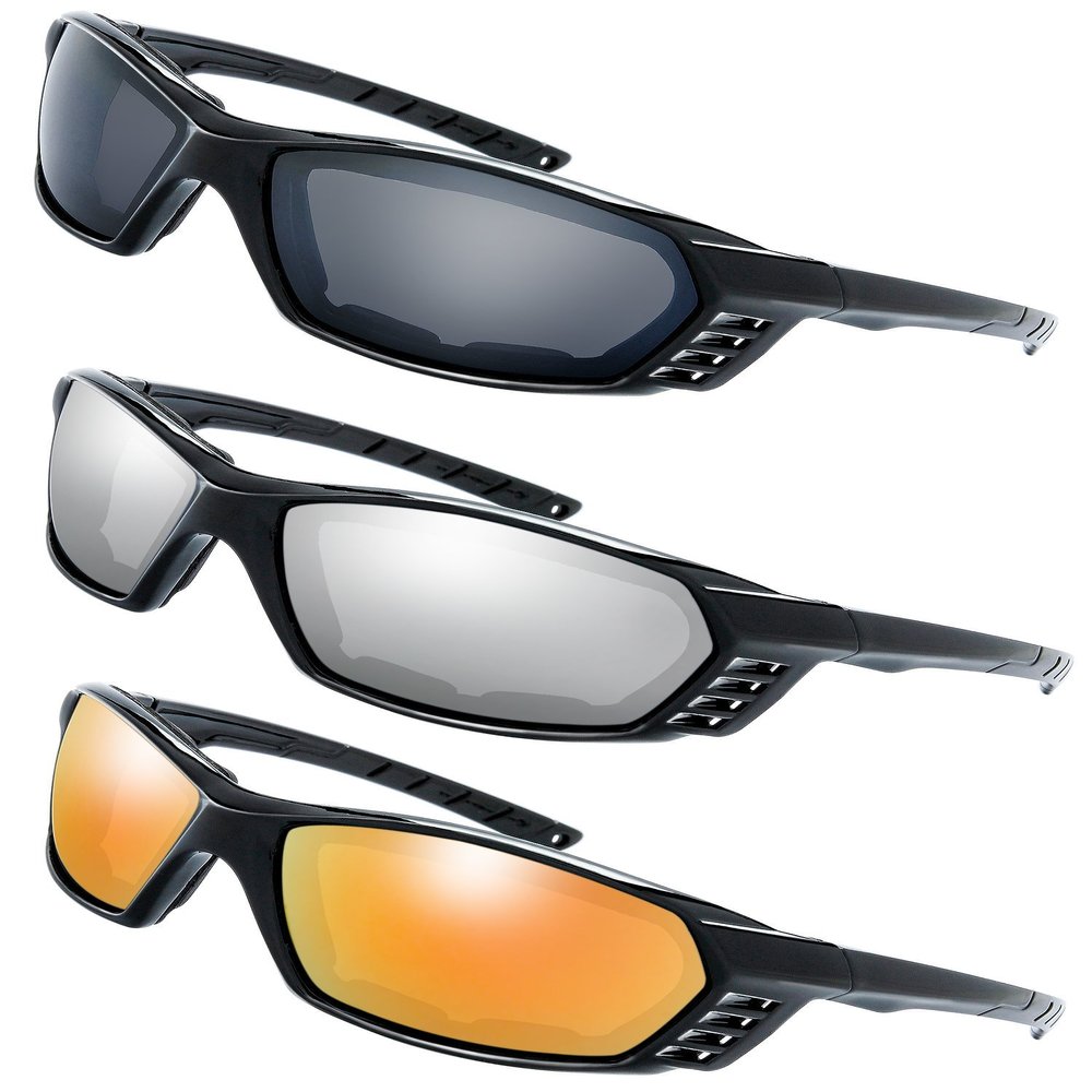 The Fresh Scooter Bike Motorcycle Riding Glasses Padded Frame Lens Block 100% UVB for Outdoor Activity Sport (11-Shiny Black, Grey, Silver Mirror, & Red Mirror)