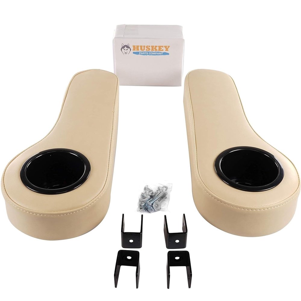 Huskey 2X Beige Rear Seat Arm Rests with Cup Holder Compatible with Yamaha, Club Car, EZGO TXT and All Other Models for an Upgraded Support Frame- Can be Installed by Drilling or Non-Drilling Brackets