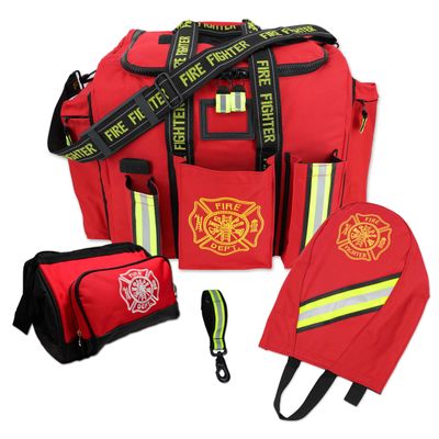 Lightning X LXFB20-PKG Firefighter Turnout Gear Bag Package with SCBA Mask Bag Toiletry Pouch Glove Holder Padded Step-in Design Reflective Trim Heavy-Duty Waterproof Construction - RED